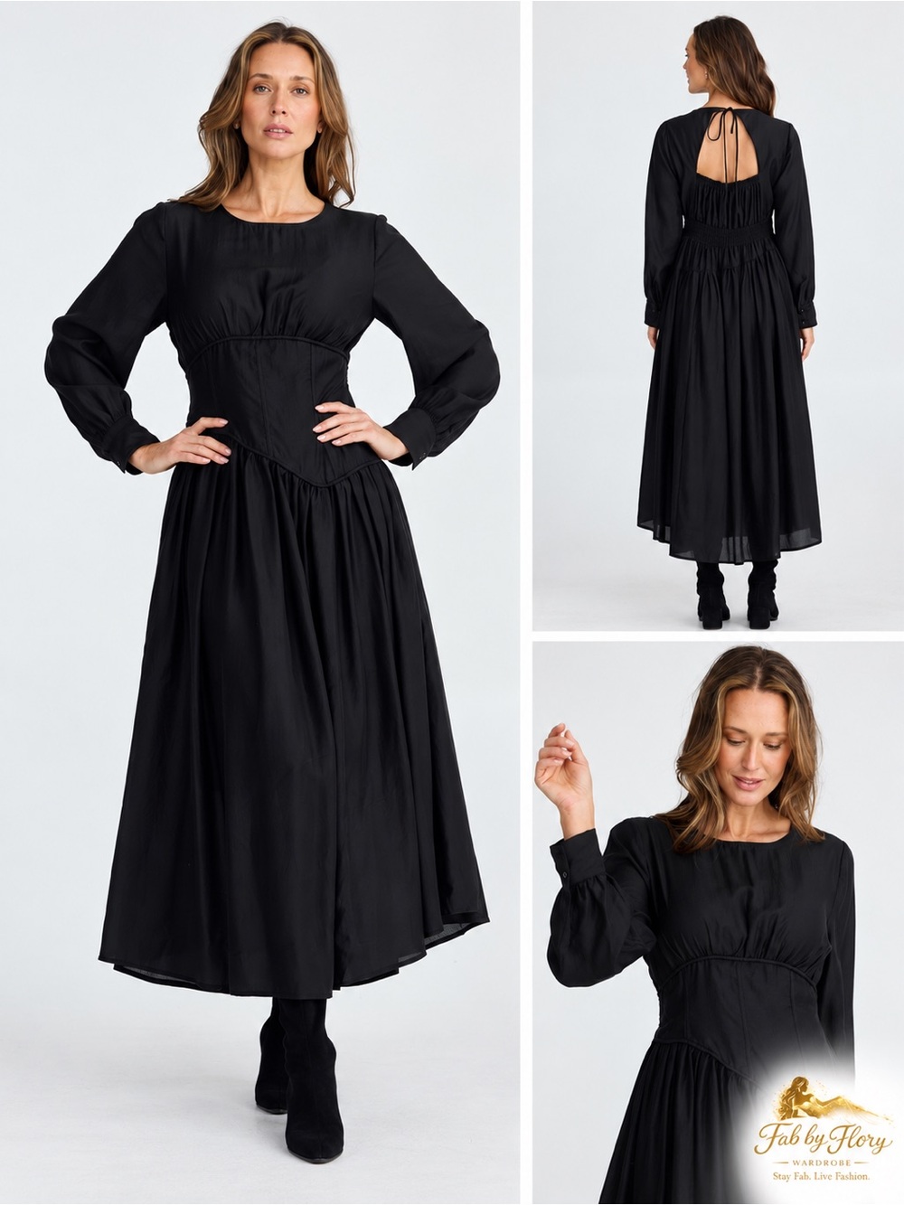 Brave + True Martina Corset-Inspired Waist Black Midi Dress Size L NWT $198